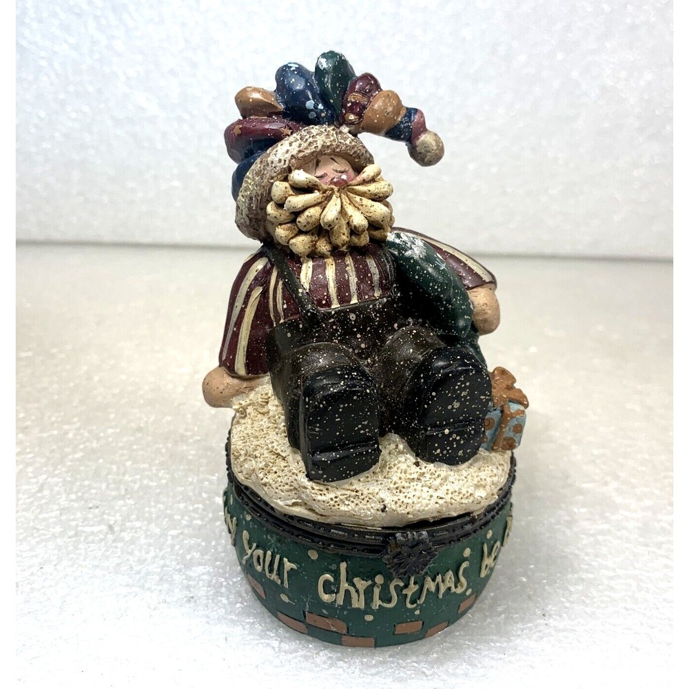 Vintage Santa's Workbench Christmas‎ Hinged Resin Trinket Box 4" Drum Base